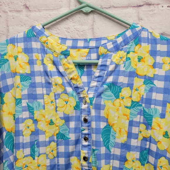 Kim Rogers Retro Floral Button Blouse Womens XL Gingham Cottagecore Coastal‎ - Picture 3 of 8